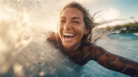 Premium Photo Happy Surfer Girl Paddling On Surfboard In Blue Ocean