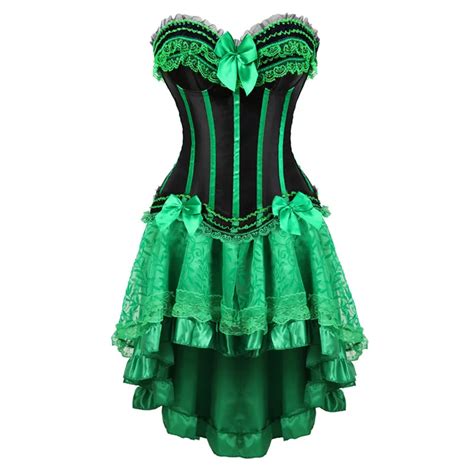 Bustiers And Corsets Dress Burlesque Vintage Striped Floral Lace Up Corset Skirt Tutu Tops Set For