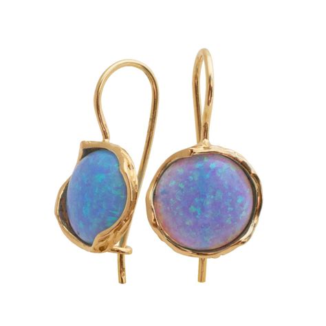 Blue Opal Earrings Opal Jewelry 14k Gold Earrings Gemstone Etsy