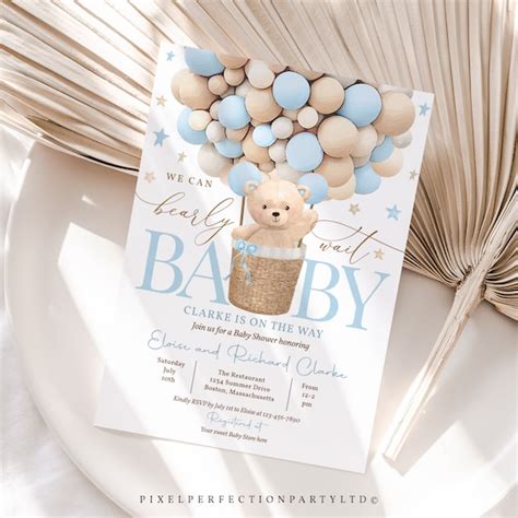 Editable Teddy Bear Hot Air Balloon Baby Shower Invitation Boy Blue Teddy Bear Baby Shower We