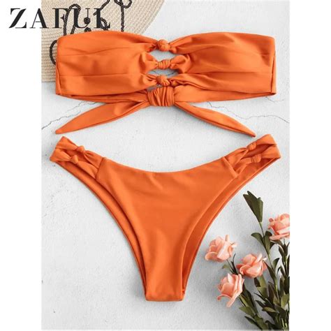 Zaful Womens Sexy Off Shoulder Two Piece Bikini Swimsuit Cutout Top Padded String Side High Leg