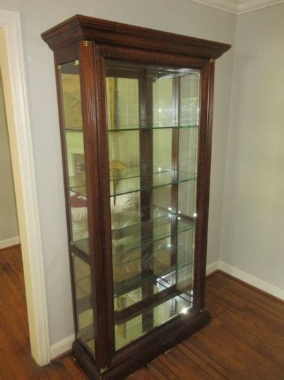 Splendid Lighted Curio Cabinet Mirror Back Glass Shelves Demi Columns