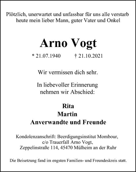 Traueranzeigen Von Arno Vogt Trauer In NRW De