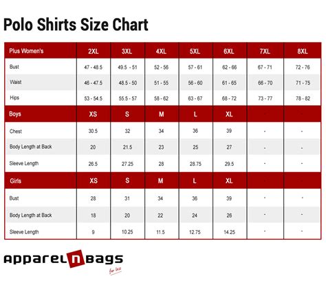 Polo Shirt Size Chart Measurements Guide Apparelnbags