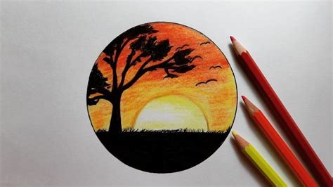 Easy Sunset Landscape Drawing For Beginners