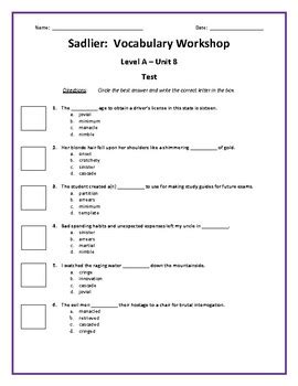 Sadlier Vocabulary Level A Unit Test W Answer Key Editable