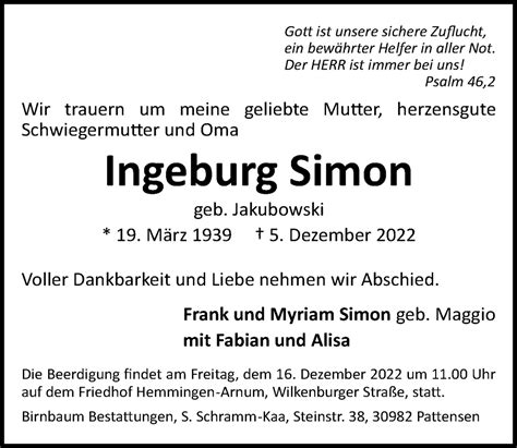 Traueranzeigen Von Ingeburg Simon Trauer Anzeigen De