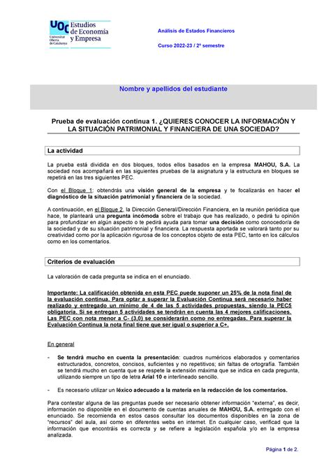 AEF PEC1 2223 2 enunciado Análisis de Estados Financieros Curso 2022