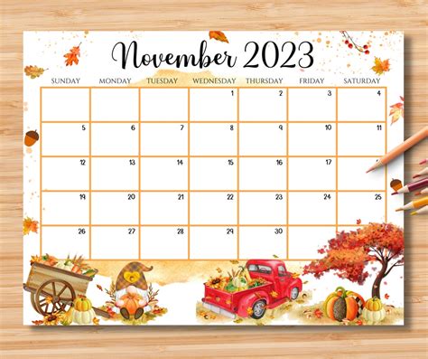 Calendario Editable De Noviembre De 2023 Hermoso Otoño Con Etsy España