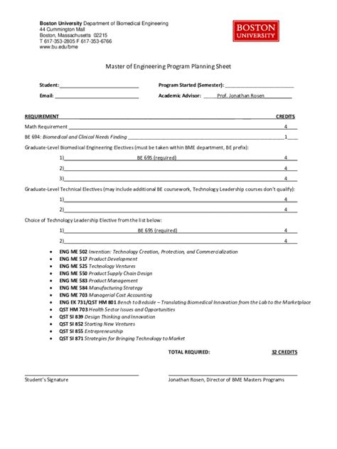 Fillable Online Bme Program Planning Sheetscollege Of Engineering Fax