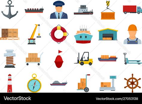 Marine Port Icons Set Flat Style Royalty Free Vector Image