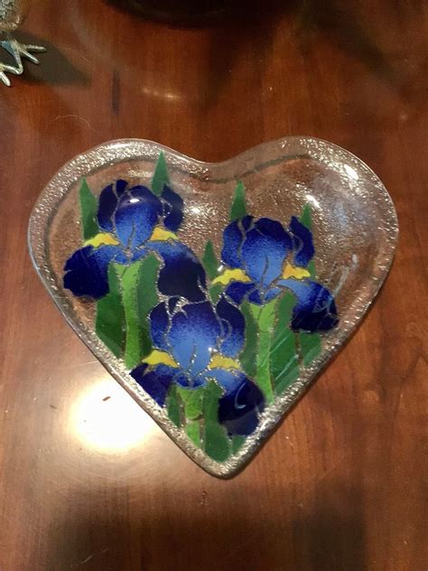 Vintage Peggy Karr Fused Art Glass Heart Shaped Iris Signed Etsy