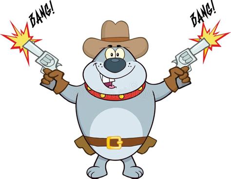 Gray Bulldog Cowboy Cartoon Character Shooting With Two Guns Stock