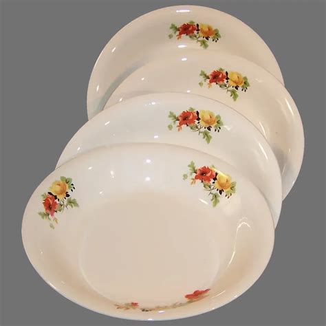 Set Of Homer Laughlin Poppy Rose Flat Soup Bowls Vintage