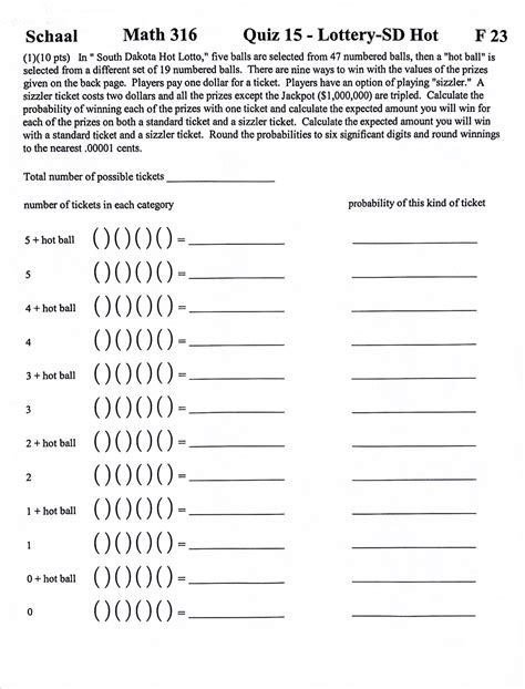 Solved Schaal Math 316 Quiz 15 Lottery SD Hot F 23 1 10 Chegg