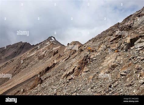 Landslide at Khardung La pass in Ladakh. High altitude road in North ...