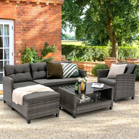 Gymax 4pcs Rattan Patio Conversation Furniture Set Outdoor Sectional