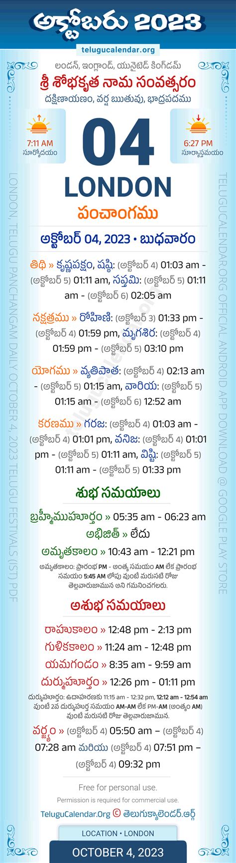 London October Telugu Panchangam