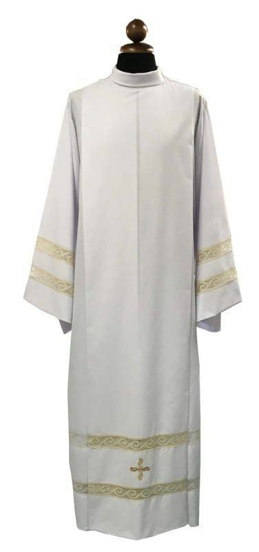 Priestly Alb With Double Lace And Cross White Wool Blend Liturgical