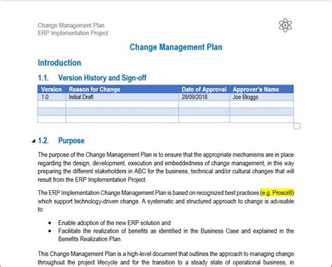 Change Management Plan Template Sample And Example Project