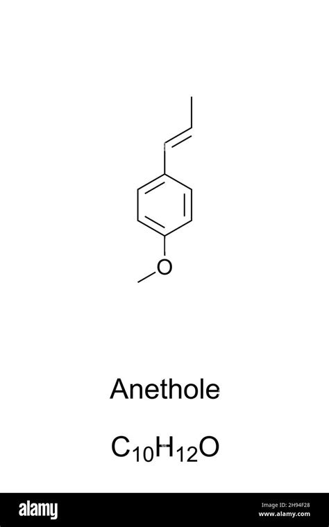 Anethole, chemical formula and structure. Trans-anethole, also known as anise camphor. Aromatic ...