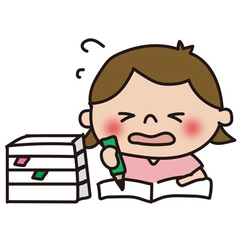 たくさんの宿題をしている子供（女の子）の無料 フリー イラスト かわいい手描きの無料素材「てがきっず」保育園・小学校・介護施設にぴったりの