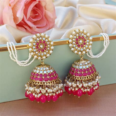 Big Dark Pink Traditional Jhumka Earrings For Girls