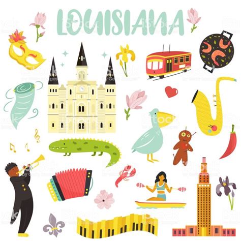 Set Of Cartoon Icons Elements Of Louisiana State Famous Places