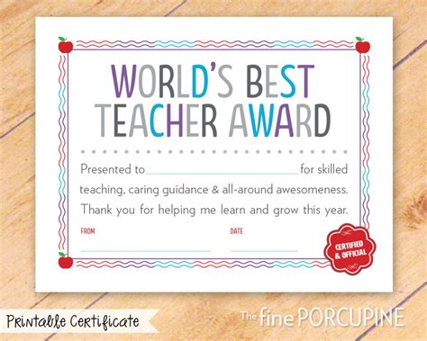 The Fine Porcupine — World S Best Teacher Award Printable For Best Teacher Certificate