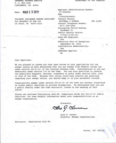 501c3 Designation Letter Polinsky Childrens Center Auxiliary