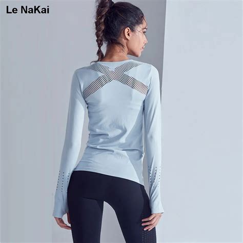 Le Nakai Seamless Sports Shirt Women Long Sleeves Workout Yoga Top With Thumb Hole Sexy Mesh