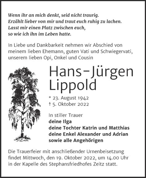 Traueranzeigen von Hans Jürgen Lippold abschied nehmen de