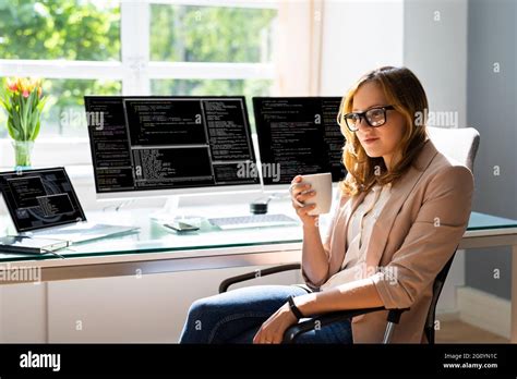 Programmer Woman Coding On Computer. Coder Girl Stock Photo - Alamy