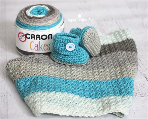 Caron Cakes Yarn Button Baby Booties And Blanket Repeat Crafter Me