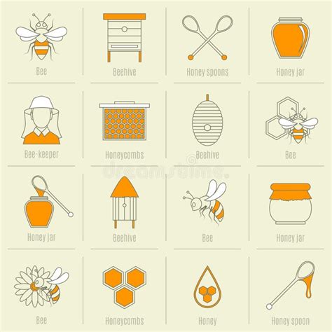 Bee Honey Icons Flat Line Set Stock Illustrations Bee Honey Icons