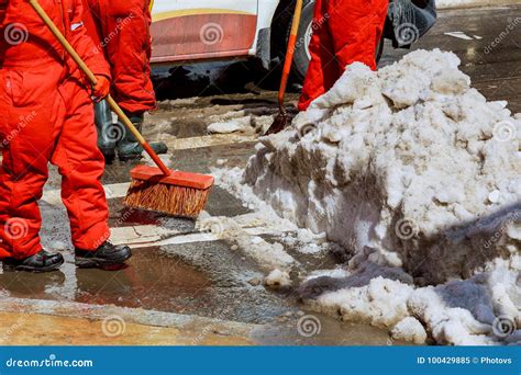 Workers Sweep Snow from Road in Winter. Cleaning Road from Snow Storm Stock Image - Image of ...