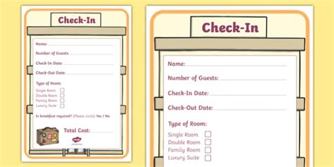 Hotel Role Play Check-In Sheet (teacher made)