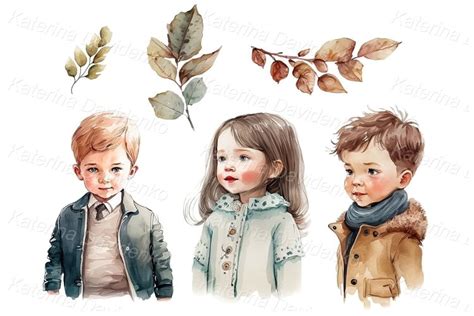 Watercolor portrait of little children, boys and girl