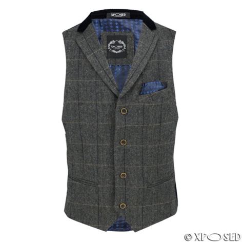 Mens Vintage Tweed Check Herringbone Oak Brown Grey Tailored Fit Retro