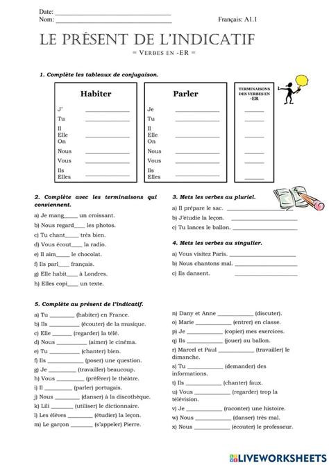 Les Verbes En Er Exercise For D Butant French Worksheets French