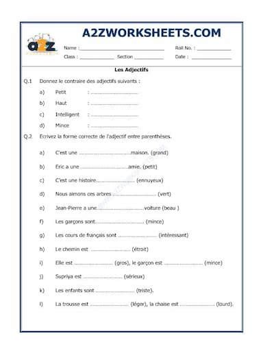 A2zworksheetsworksheet Of French Worksheet Les Adjectifs French Language