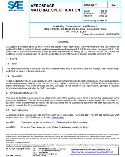 SAE AMS 5665R 2023 Nickel Alloy Corrosion And Heat Resistant Bars