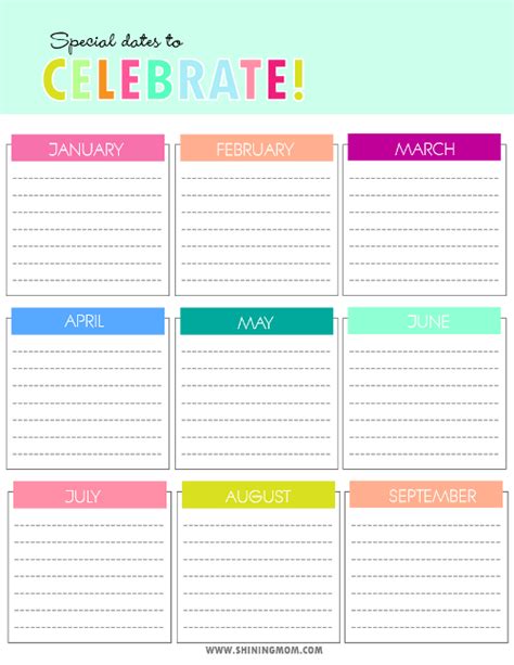 Printable Charts For Special Dates To Celebrate Birthday Calendar