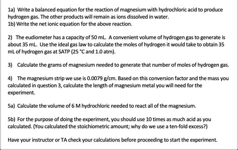 Solved 1a) Write a balanced equation for the reaction of | Chegg.com