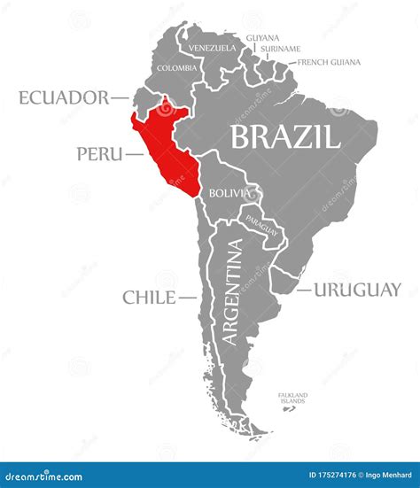 Peru Red Highlighted in Continent Map of South America Stock ...