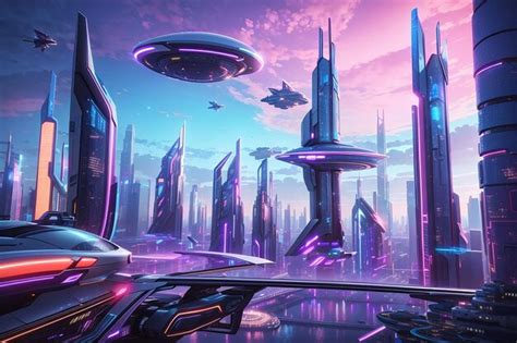 Ficción panorámica Cyberpunk Futuristic City con letreros de neón y