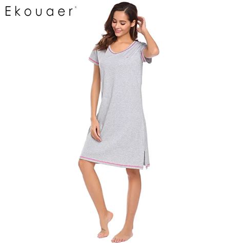 Ekouaer Summer Cotton Nightgowns Embroidery Lounge Dress O Neck Solid