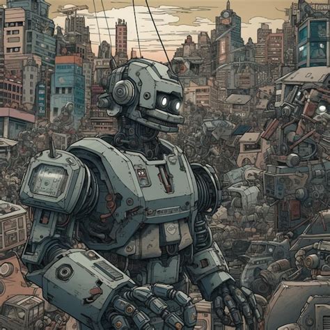 Premium AI Image A Drawing Of A Robot In A City With A City In The