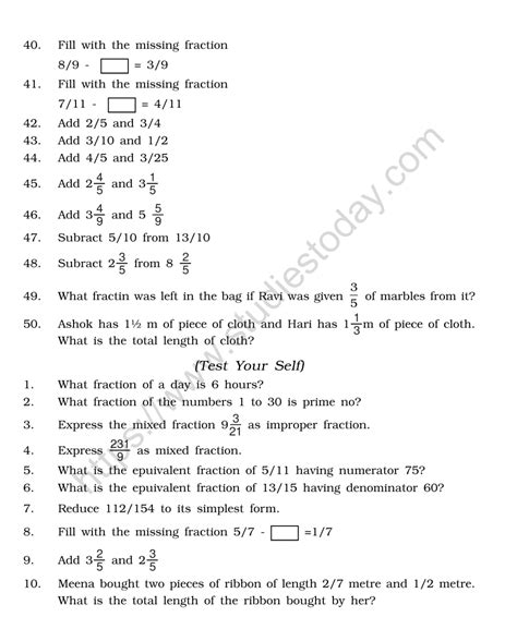 Cbse Class 6 Mental Maths Fractions Worksheet