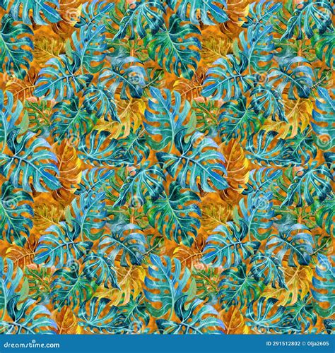 Watercolour Pattern Tropical Monsterra Leaves Background Stock